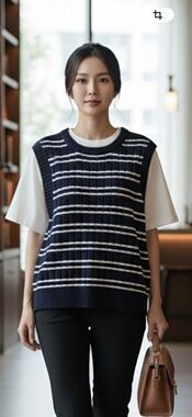 Design History Women's Navy/White Striped Ribbed Knit Crew Neck Sweater Vest M